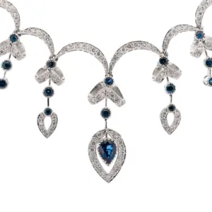 18K White Gold 7.46Ct Diamond & 6.87Ct Sapphire Ornate Scalped Drop Necklace