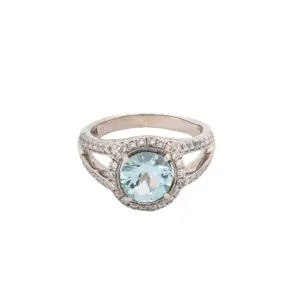 14K White Gold Aquamarine and Diamond Split Shank Cathedral Style Ring