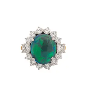 18K Yellow Gold Diamond & Black Opal Halo Style Ring