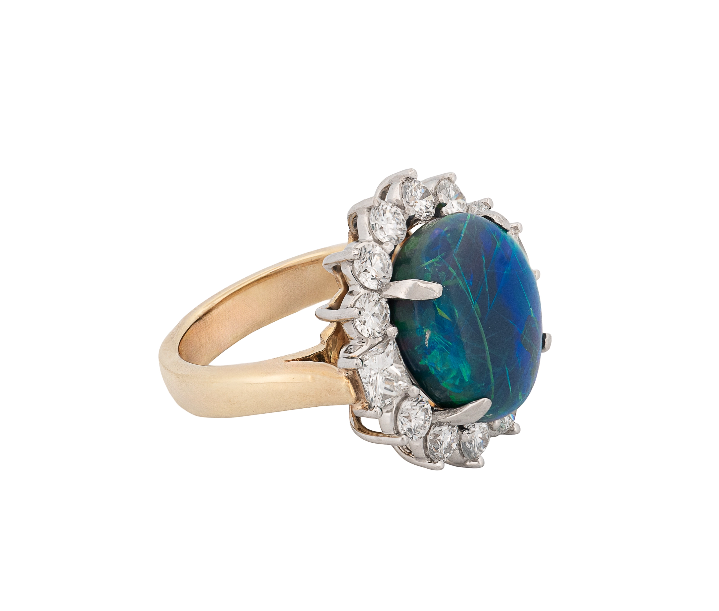 18K Yellow Gold Diamond & Black Opal Halo Style Ring - Image 4