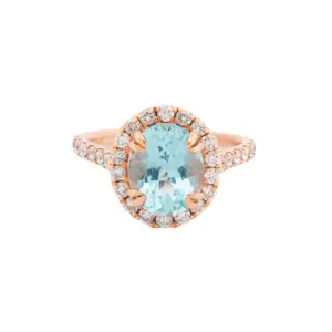 14K Rose Gold Diamond and Aquamarine Halo Cathedral Style Ring