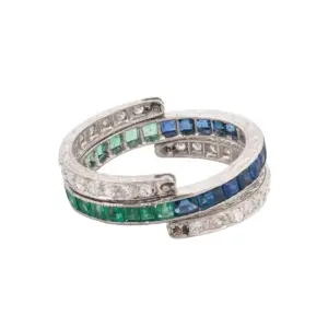 Lady's Platinum Diamond Emerald and Sapphire Flip Ring