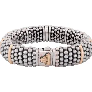 Lagos Signature Caviar Sterling and 18K Yellow Gold Diamond Station Bracelet