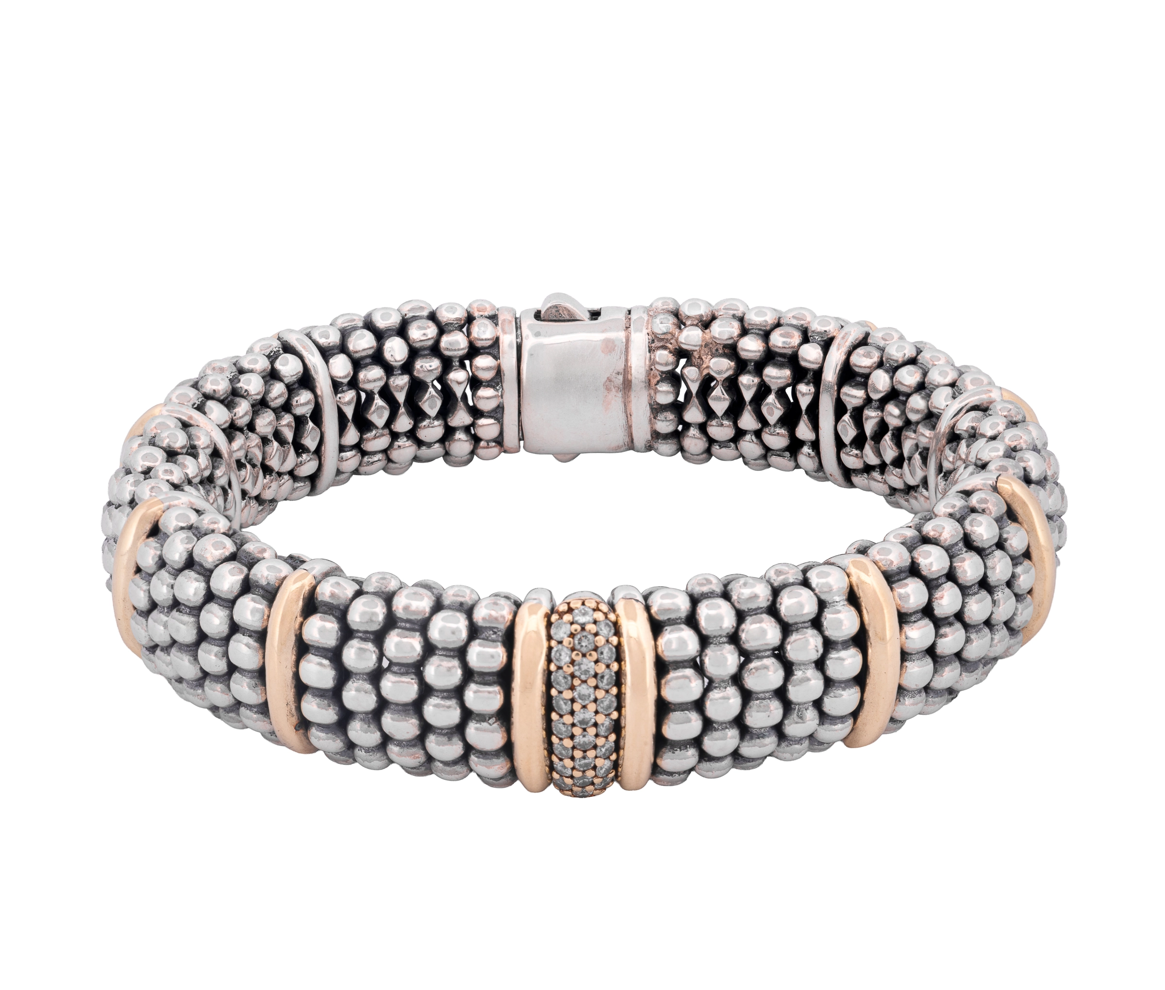 Lagos Signature Caviar Sterling and 18K Yellow Gold Diamond Station Bracelet - Image 2
