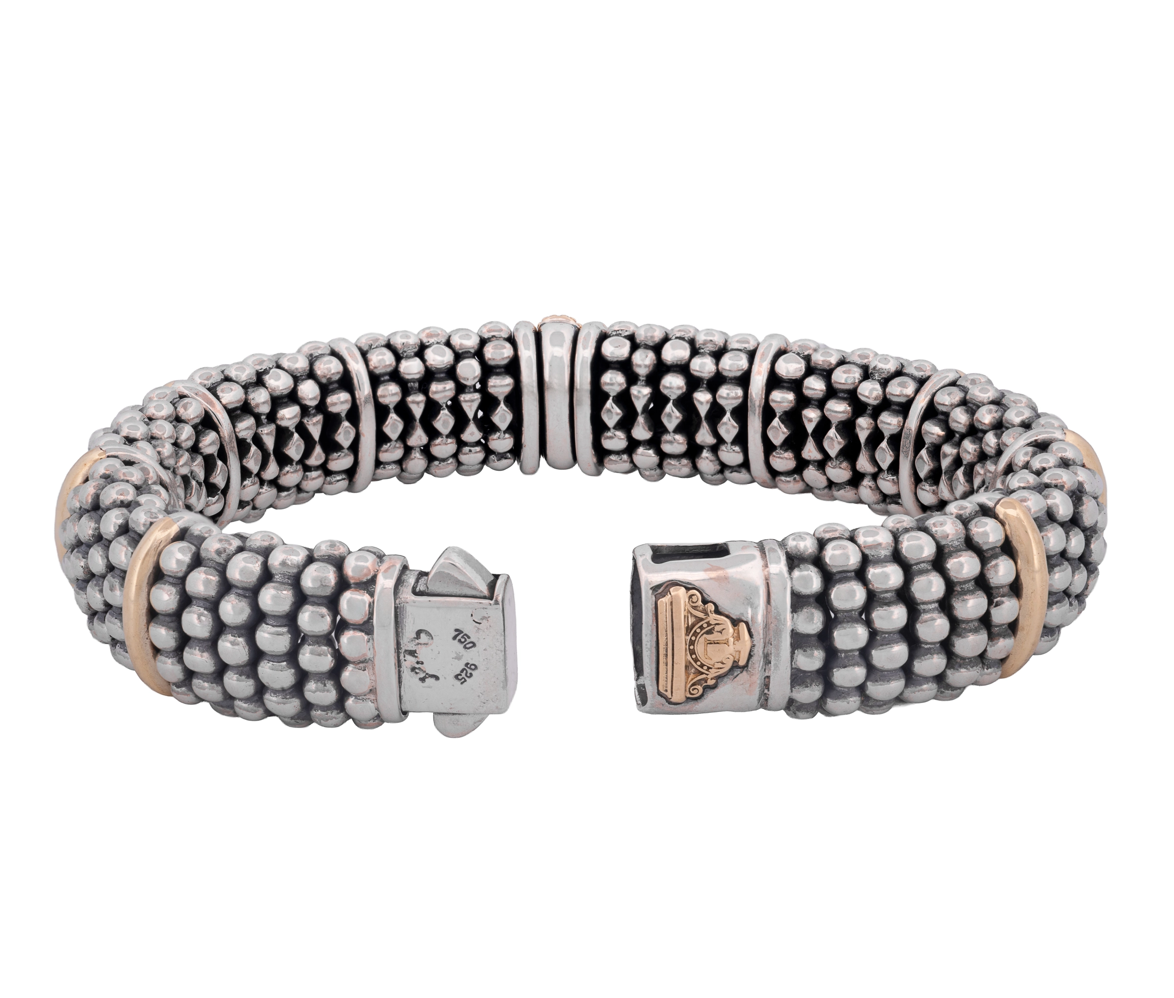 Lagos Signature Caviar Sterling and 18K Yellow Gold Diamond Station Bracelet - Image 3