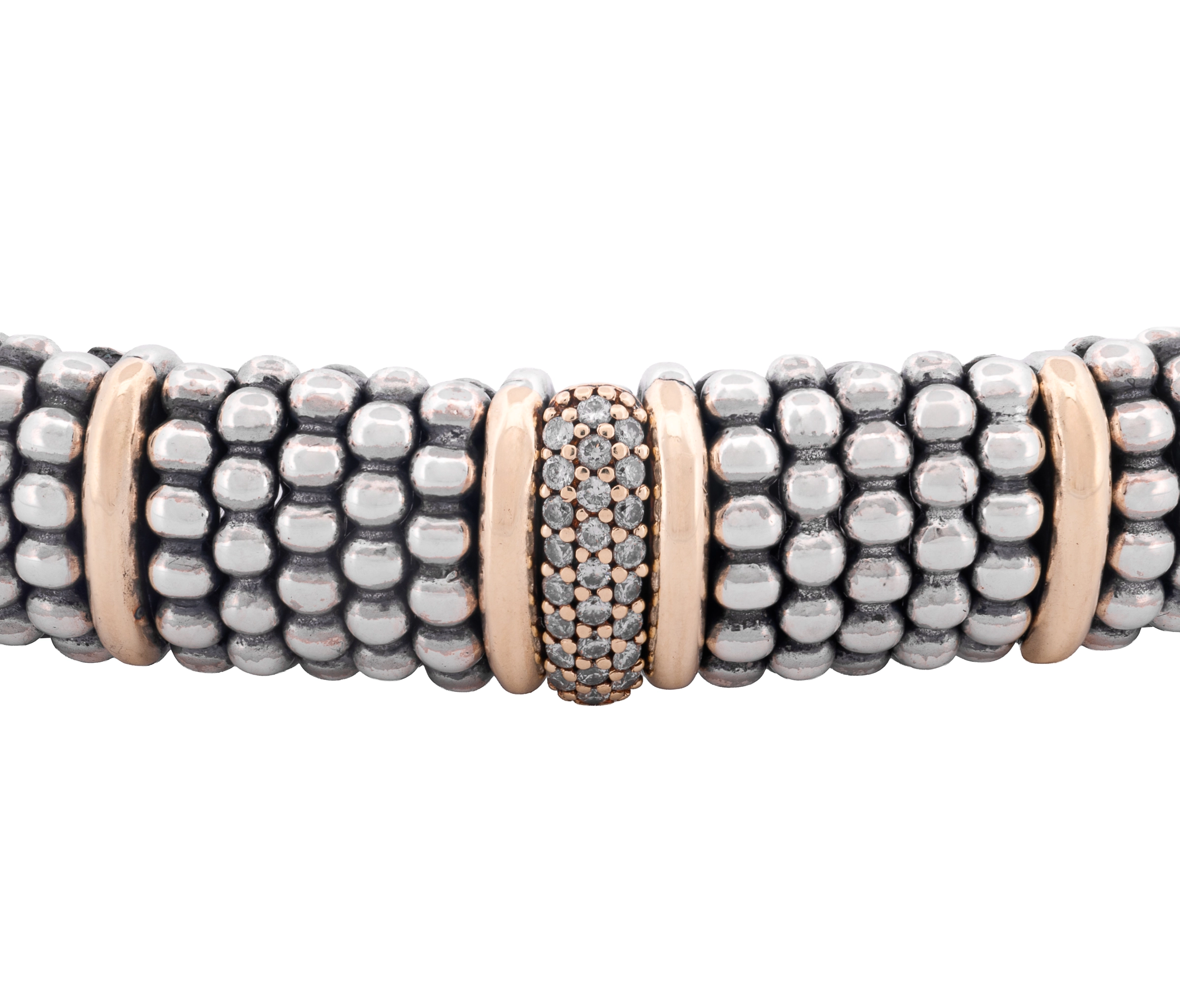 Lagos Signature Caviar Sterling and 18K Yellow Gold Diamond Station Bracelet - Image 4