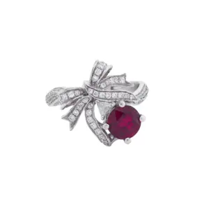 14K White Gold Ruby and Diamond Festive Bowtie Ring with