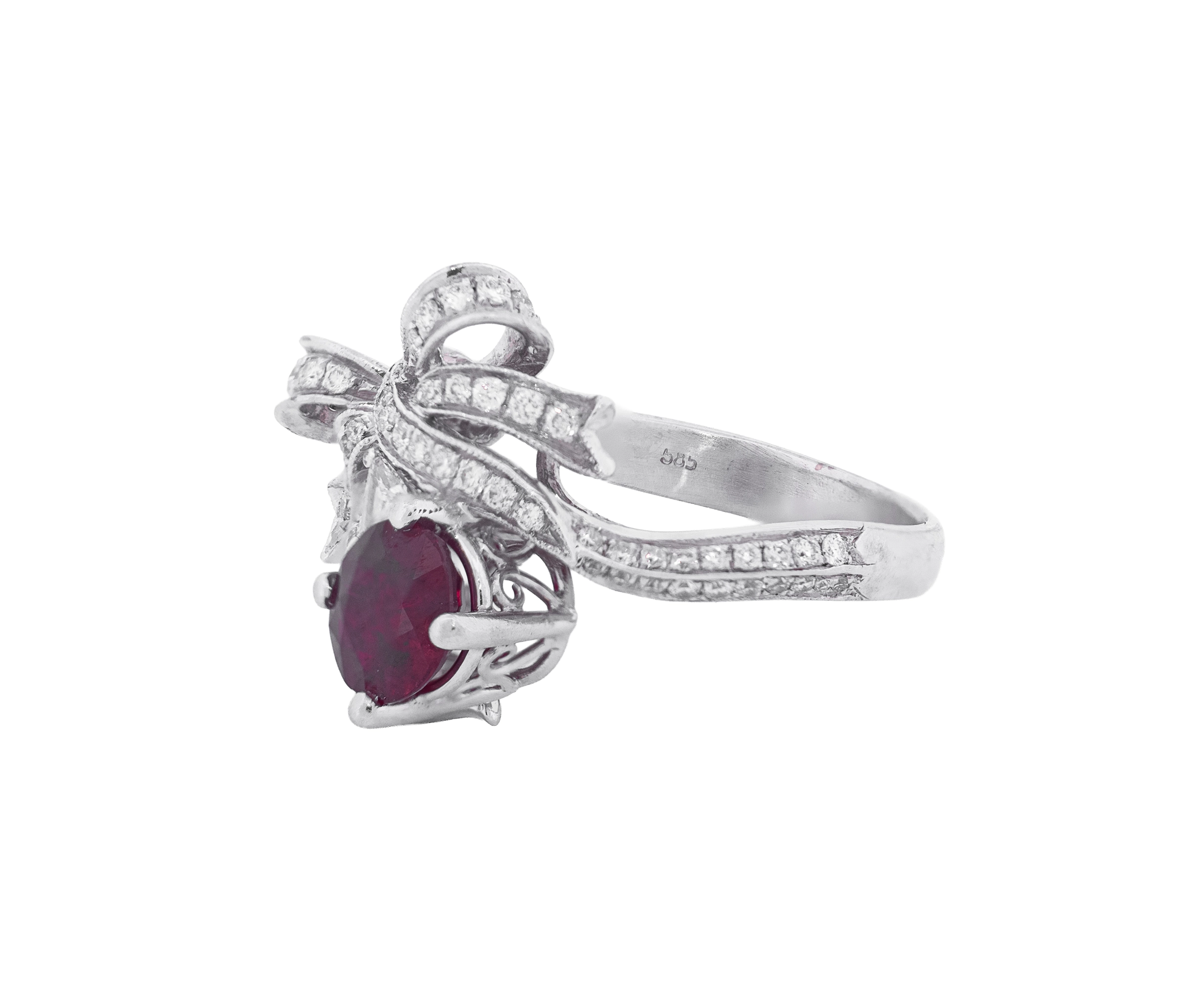 14K White Gold Ruby and Diamond Festive Bowtie Ring with - Image 2