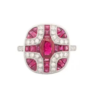 Platinum Natural Ruby & Diamond Vintage-Style Ornate Ring
