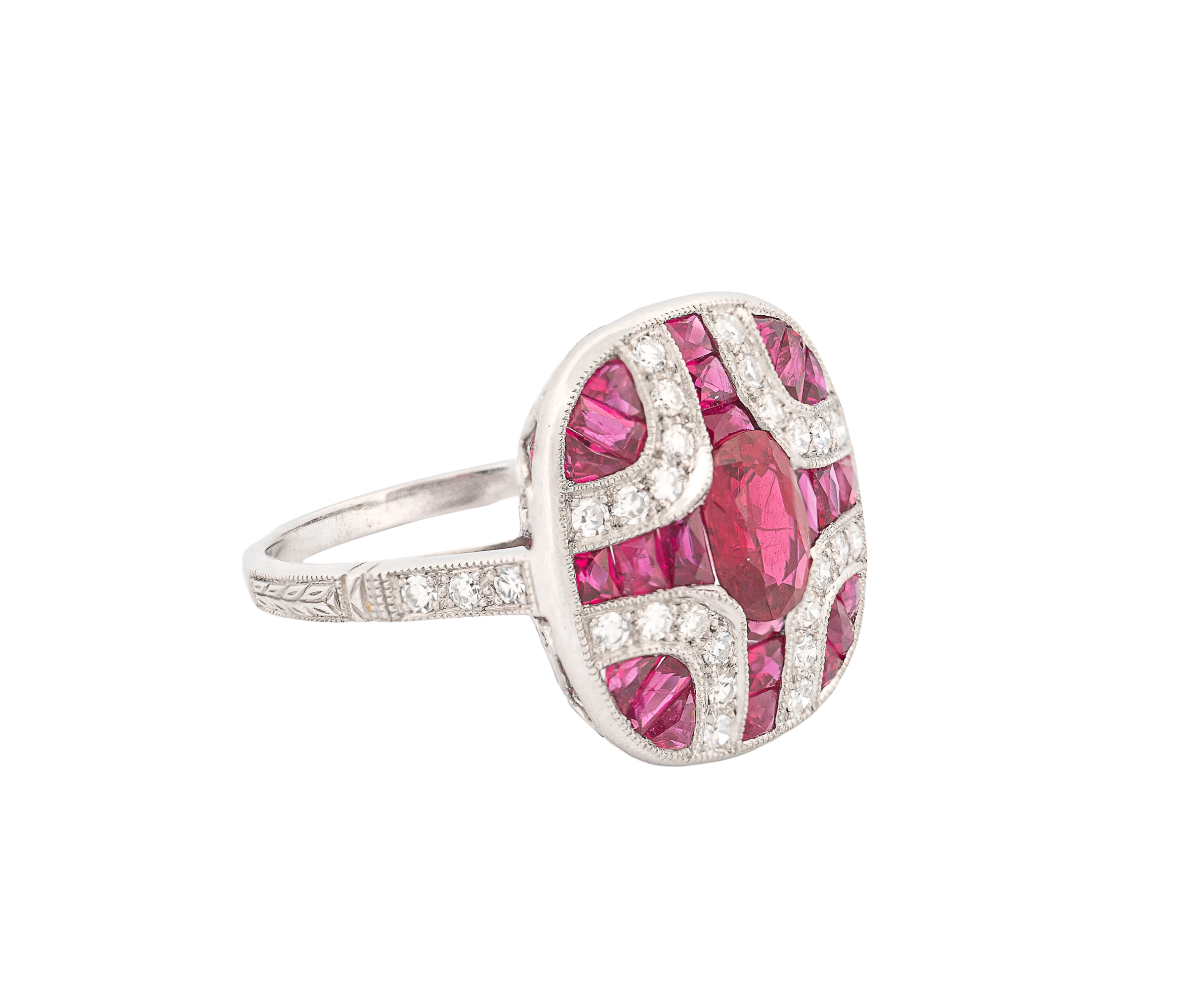 Platinum Natural Ruby & Diamond Vintage-Style Ornate Ring - Image 2