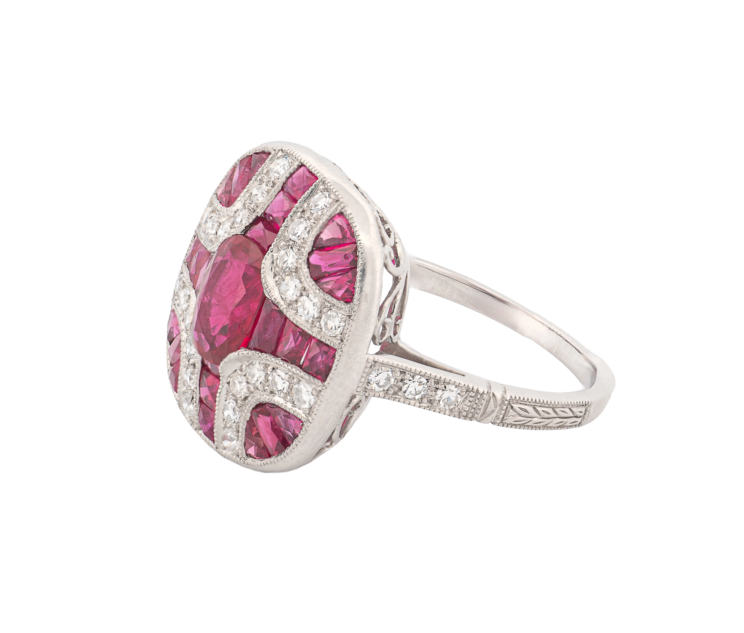 Platinum Natural Ruby & Diamond Vintage-Style Ornate Ring - Image 4