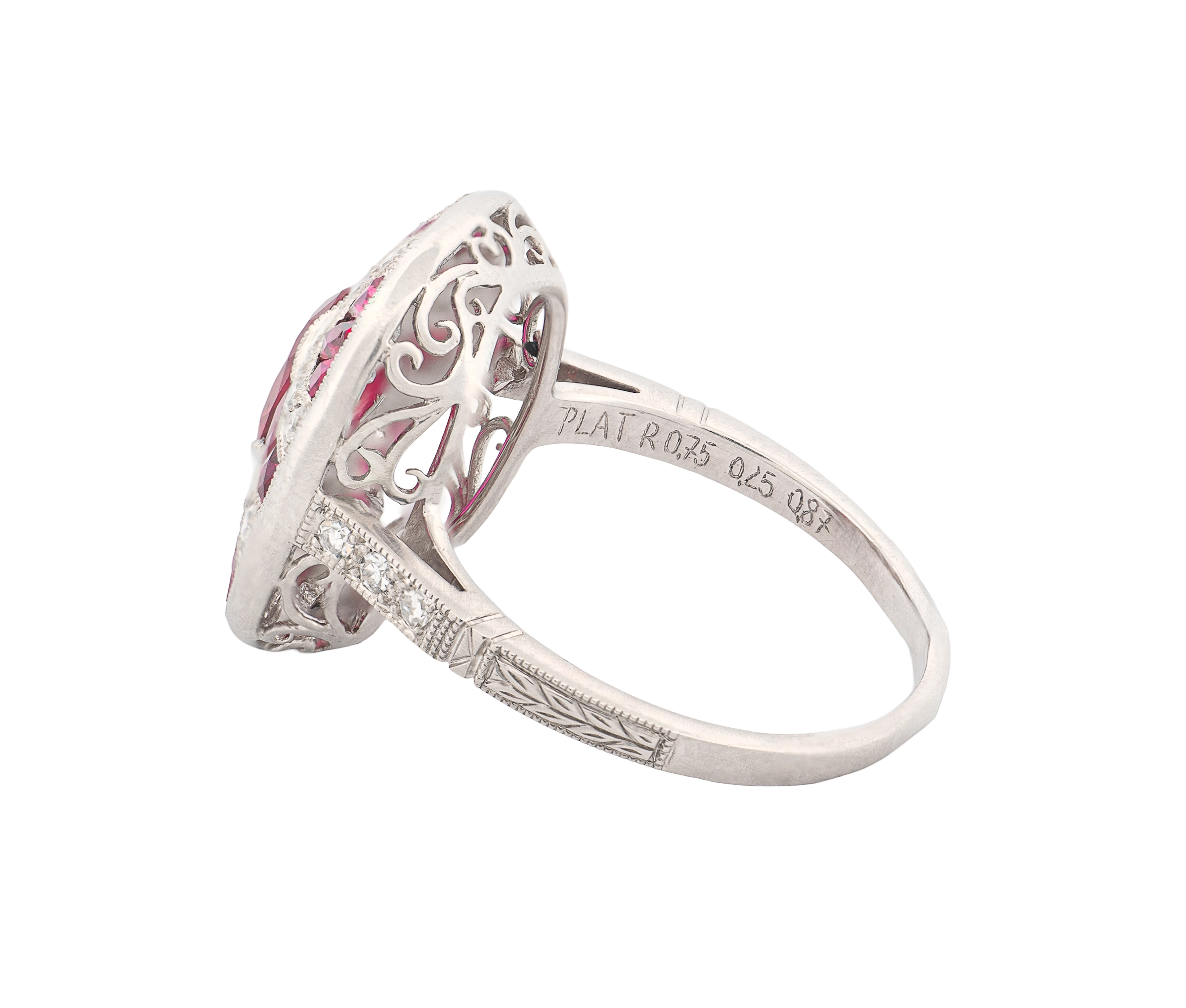 Platinum Natural Ruby & Diamond Vintage-Style Ornate Ring - Image 5