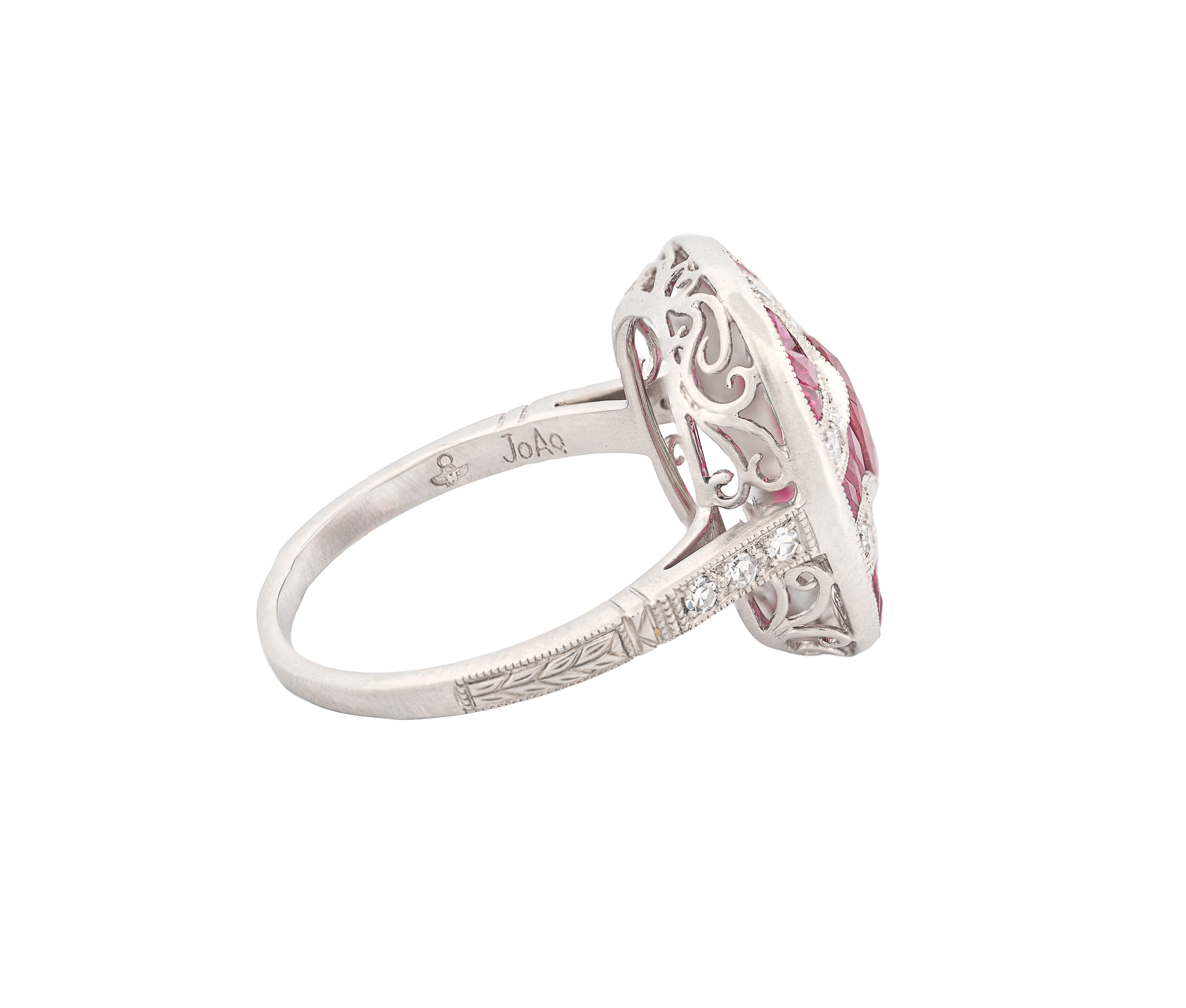 Platinum Natural Ruby & Diamond Vintage-Style Ornate Ring - Image 3