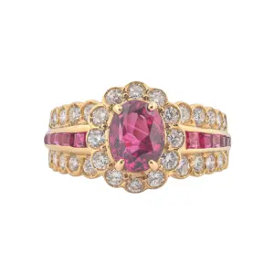 18K Yellow Gold Natural Ruby & Diamond Halo Ring