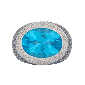 18K White Gold Blue Topaz, Diamond, & Natural Blue Sapphire Dome Ring