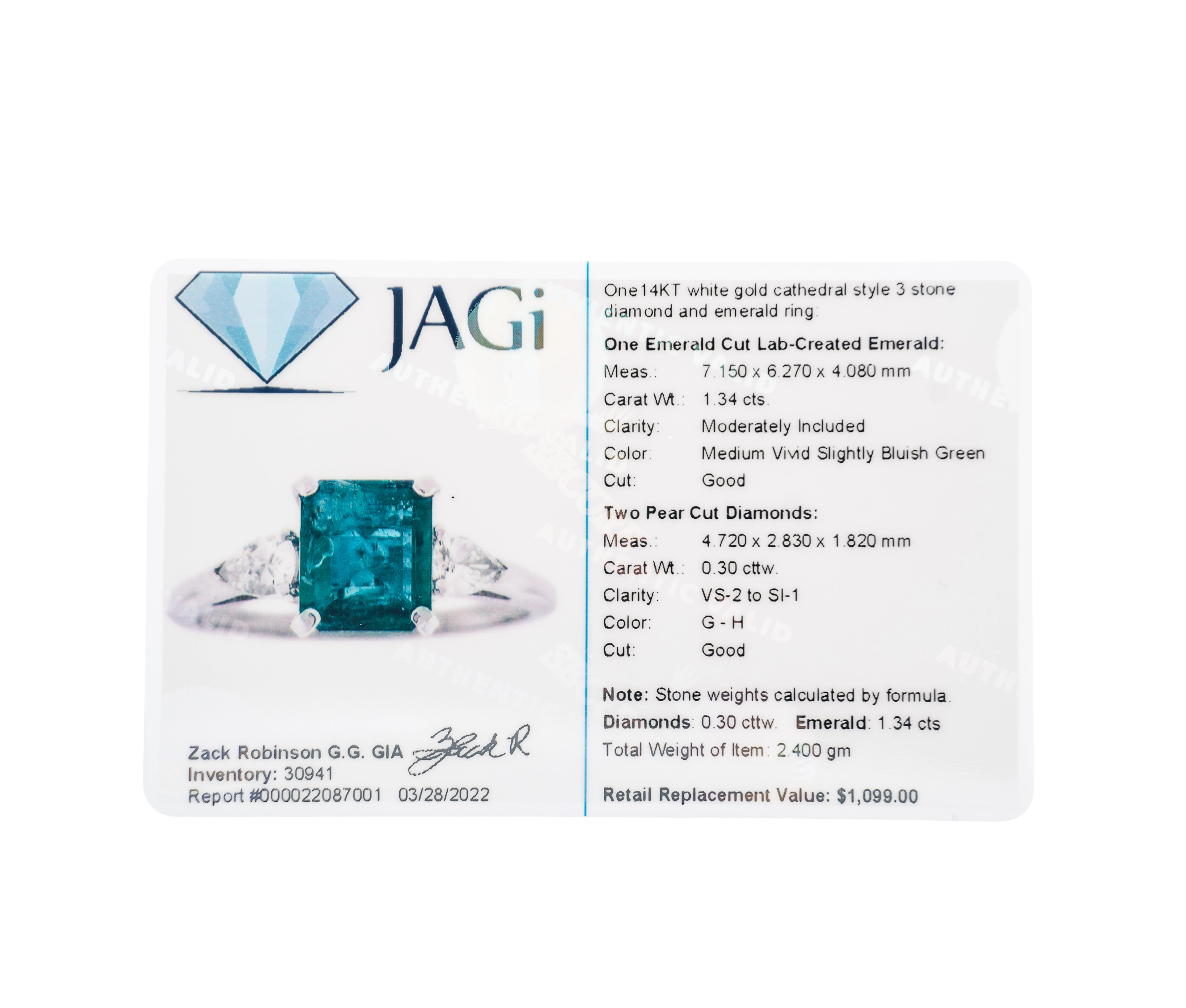 14K White Gold Diamond & Lab-Grown Emerald Ring - Image 4