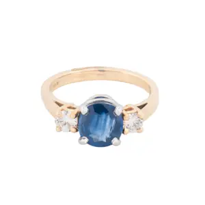 14K Yellow Gold Natural Blue Sapphire & Diamond Three-Stone Ring