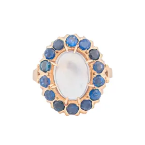 14K Yellow Gold Moonstone & Natural Blue Sapphire Halo Style Ring
