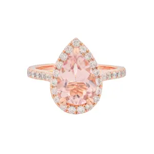 14K Rose Gold Morganite and Diamond Pear Shaped Halo Style Ring