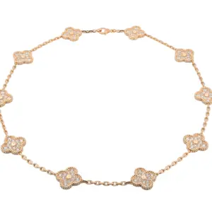 Van Cleef & Arpels 18K Yellow Gold Diamond Alhambra Necklace 10 Motif