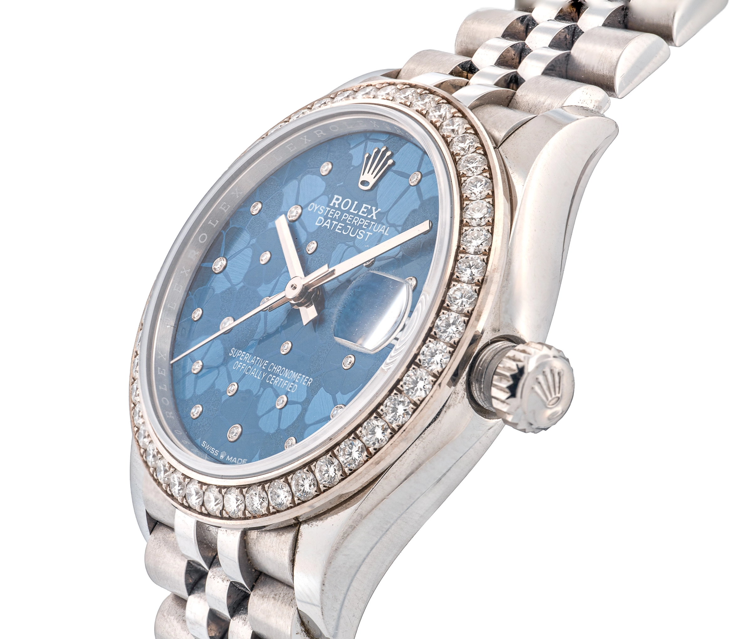 Ladies Rolex Datejust Stainless Steel with Diamond Bezel & Blue Floral Dial - Image 2