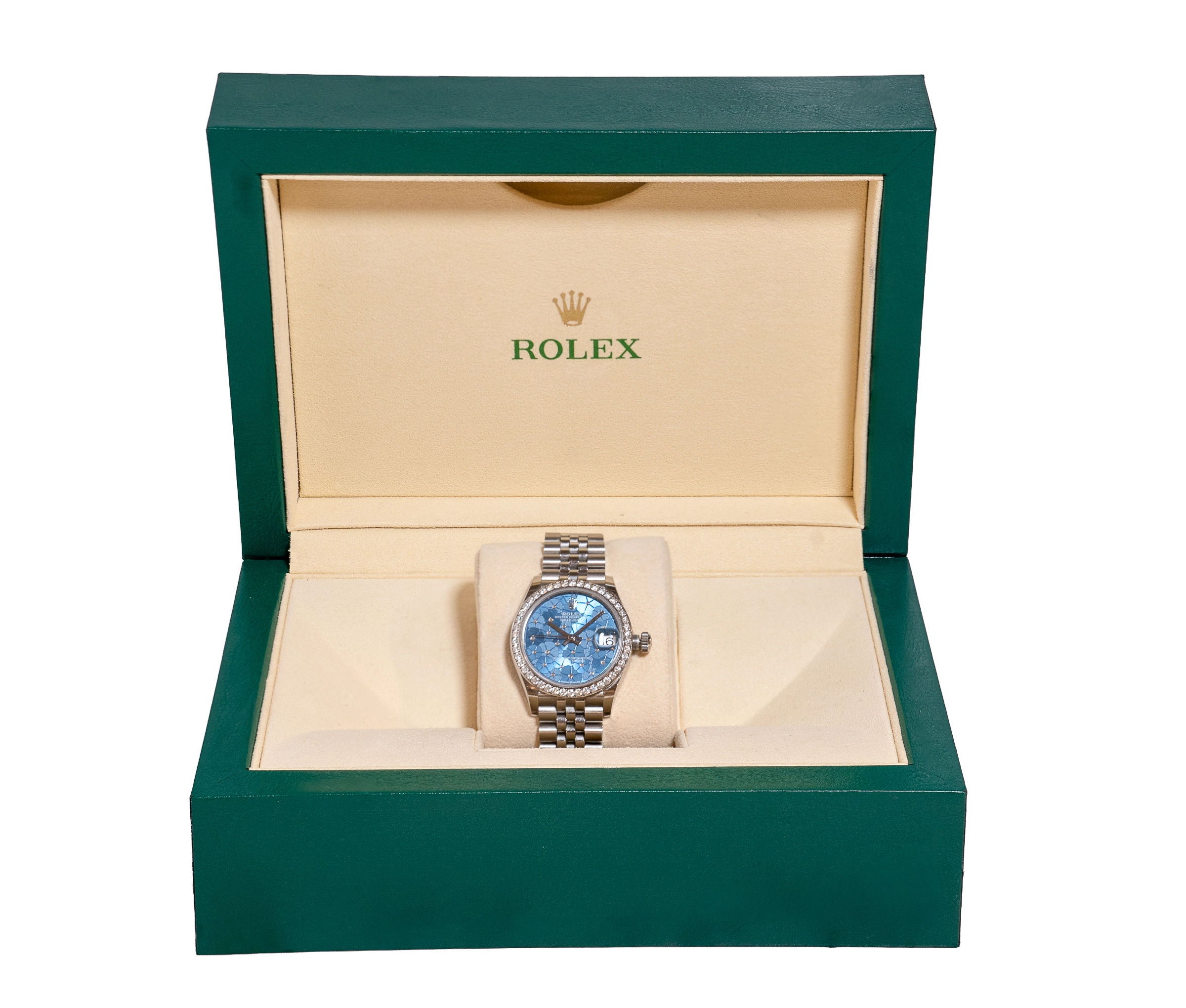 Ladies Rolex Datejust Stainless Steel with Diamond Bezel & Blue Floral Dial - Image 3