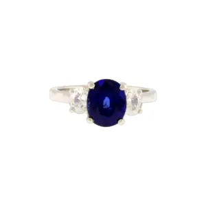 Platinum 3.26Ct Natural Blue Sapphire & 0.79Ct Diamond 3-Stone Ring