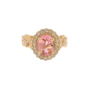 14K Rose Gold Pink Tourmaline & Diamond Halo Ring With Floral Motif Shank