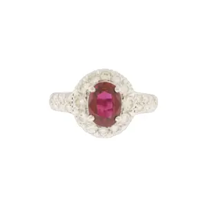 18K White Gold 1.09Ct Natural Ruby & 0.55Ct Diamond Halo Ring