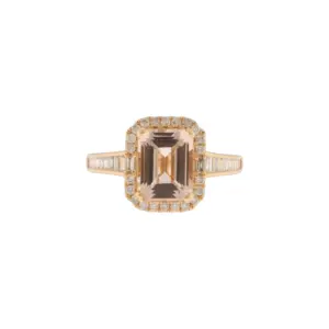 14K Rose Gold 2.25Ct Emerald Cut Morganite & 0.46Ct Diamond Halo Style Ring