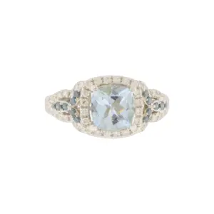 LeVian 14K White Gold 1.25Ct Aquamarine & Diamond halo Style Ring