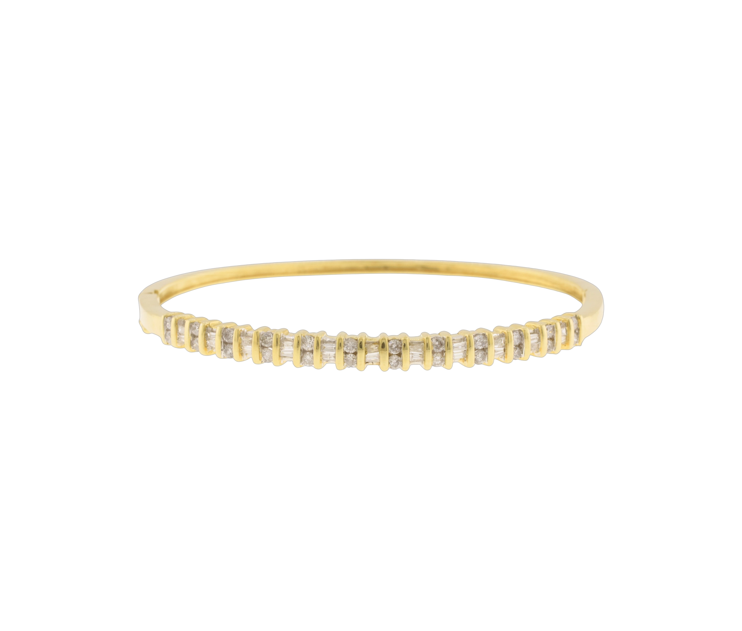 14K Yellow Gold 1.01Ct Round Brilliant & Baguette Cut Diamond Bangle Bracelet