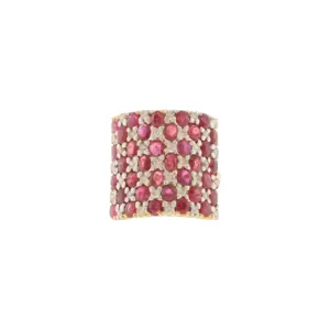 14K Yellow Gold 5.89Ct Natural Ruby & 0.74Ct Diamond Checkerboard Pave Ring