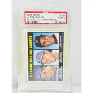 1967 Topps NL Era Leaders Sandy Koufax, Mike Cuellar & Juan Marichal PSA 9