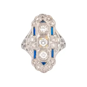Antique Platinum 0.60Ct Diamond and Sapphire Ring