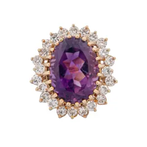 14KT Yellow Gold Amethyst & Diamond Halo Style Cocktail Ring