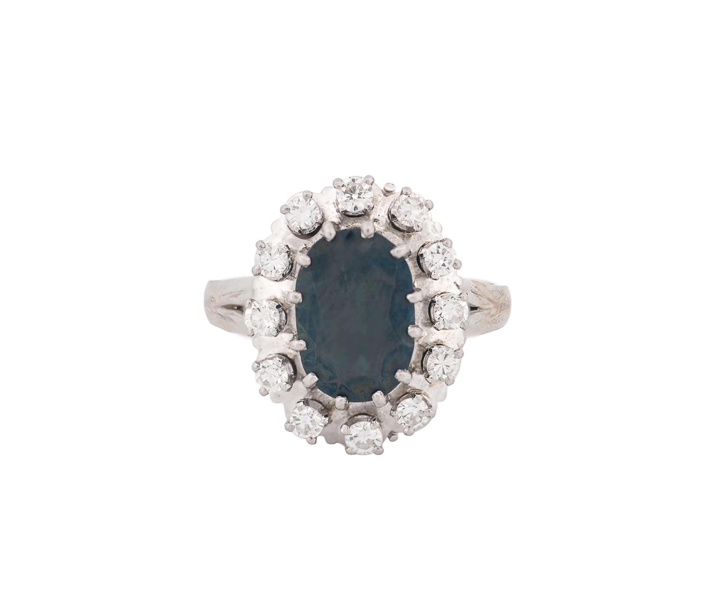 14K White Gold Blue Sapphire & Diamond Halo Ring – 3.11 CT