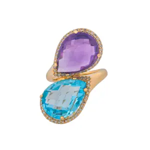 14K White Gold Diamond, Amethyst & Swiss Blue Topaz Halo Bypass Style Ring