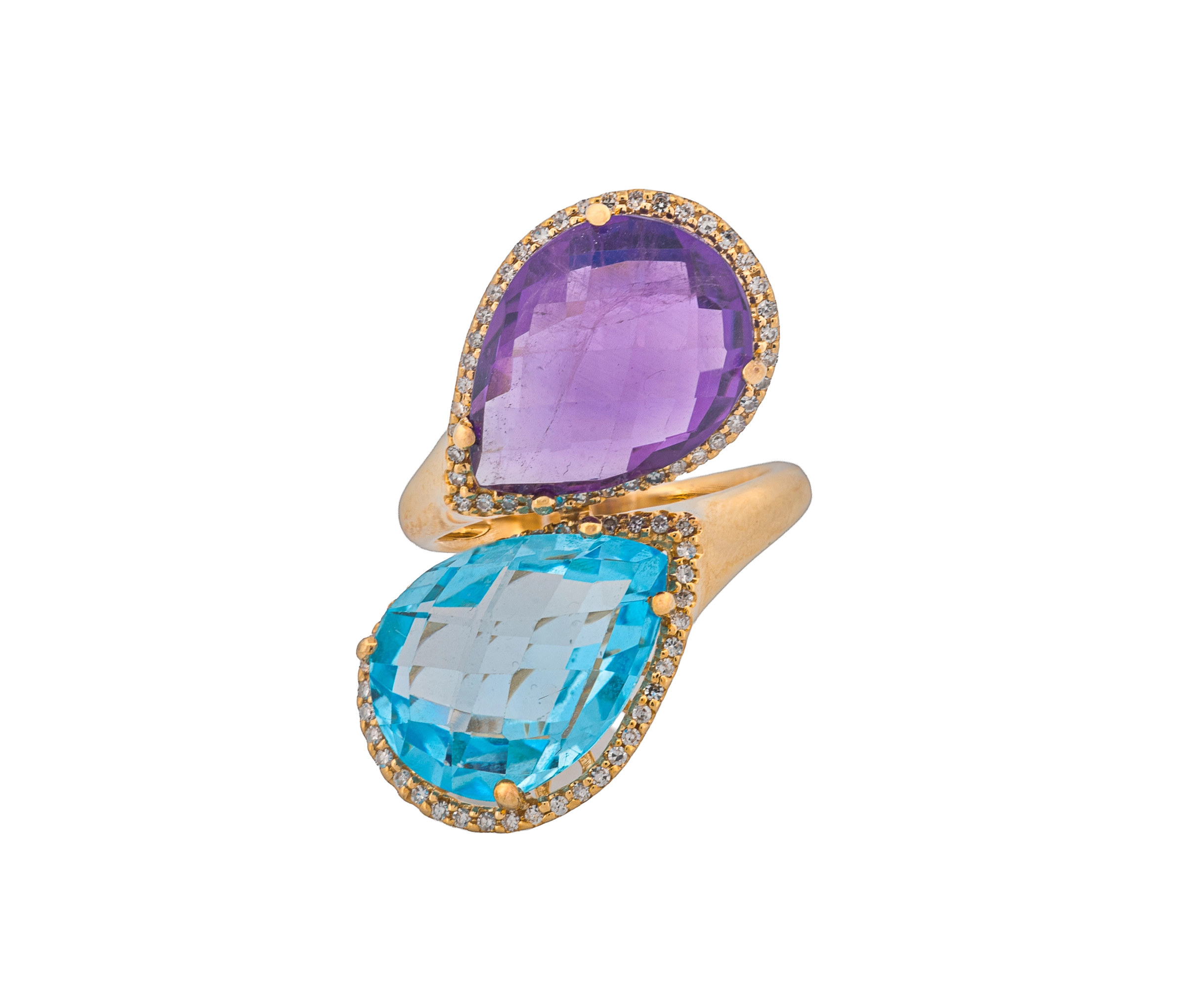 14K White Gold Diamond, Amethyst & Swiss Blue Topaz Halo Bypass Style Ring