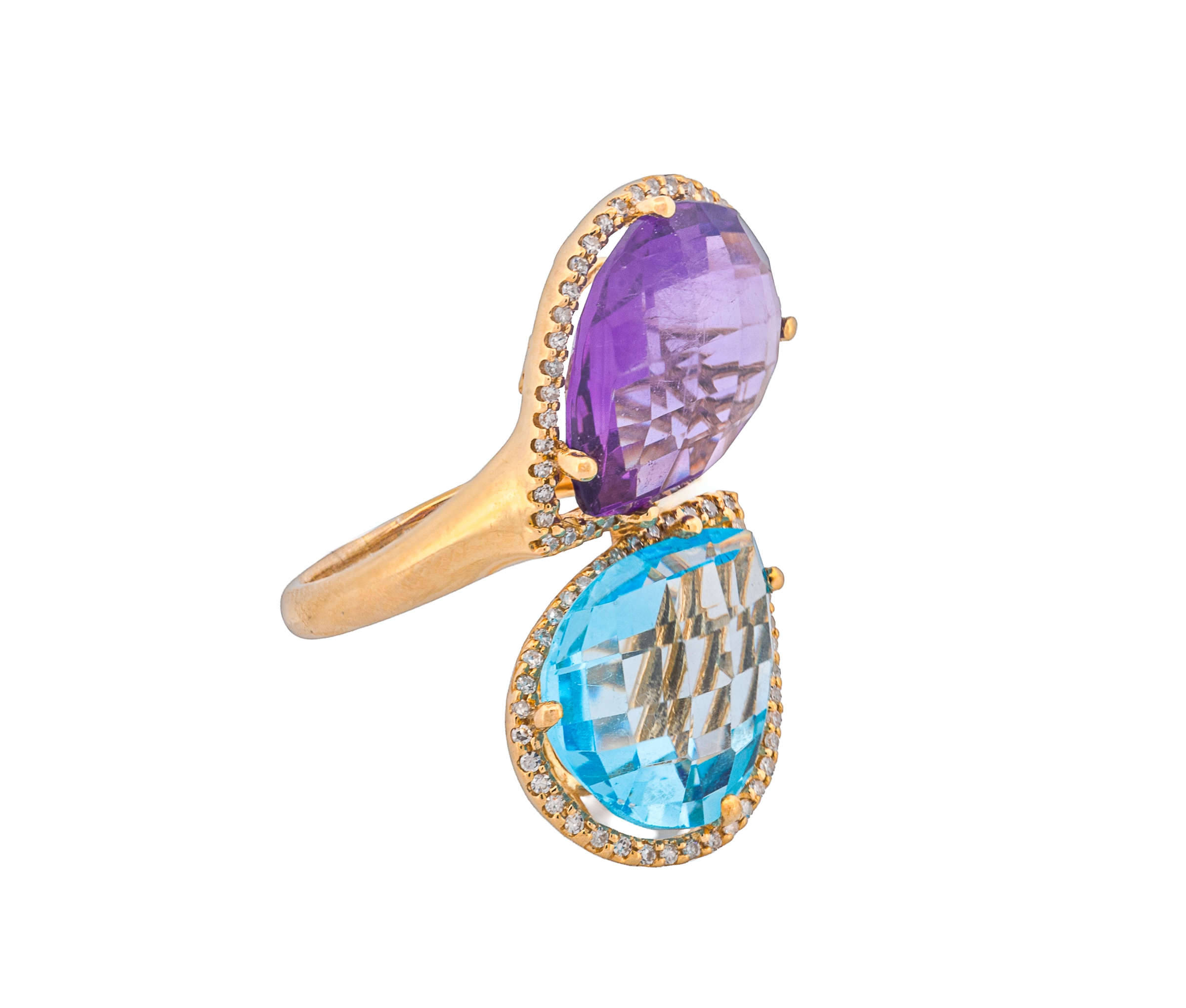 14K White Gold Diamond, Amethyst & Swiss Blue Topaz Halo Bypass Style Ring - Image 2