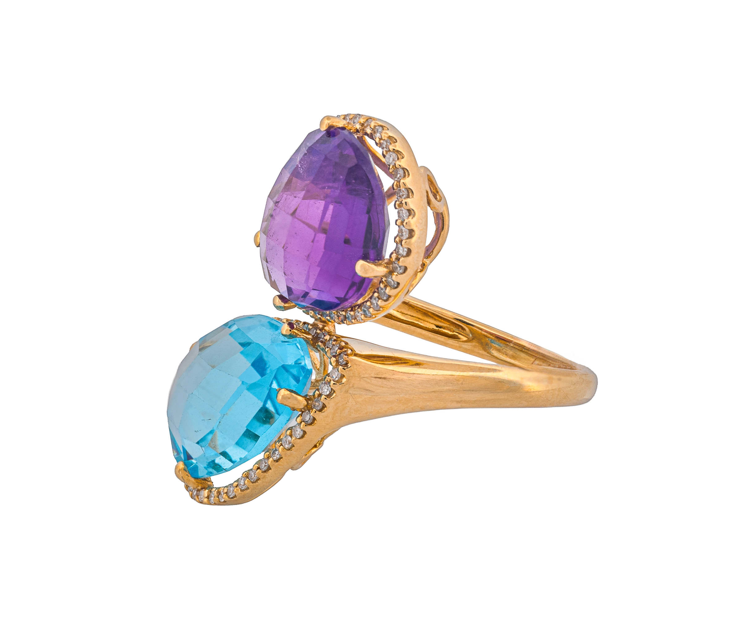 14K White Gold Diamond, Amethyst & Swiss Blue Topaz Halo Bypass Style Ring - Image 3
