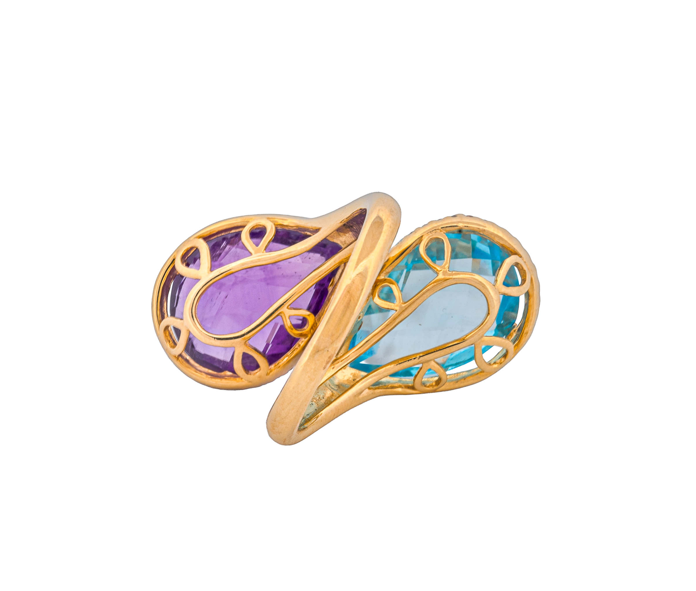 14K White Gold Diamond, Amethyst & Swiss Blue Topaz Halo Bypass Style Ring - Image 4