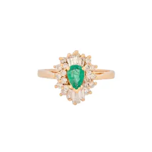 14K Yellow Gold Diamond and Natural Emerald Ballerina Style Ring