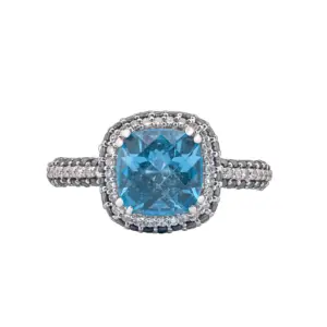 18K White Gold & Swiss Blue Topaz & Fancy Black and White Diamond Ring