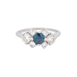 14K White Gold Diamond & Natural Blue Sapphire Cluster Style Ring