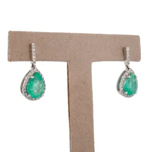 14kt White Gold Natural Emerald and Diamond Halo Drop Earrings