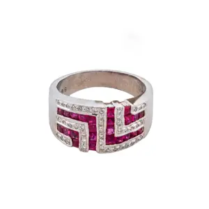 14K White Gold Diamond & Ruby Geometric Design Ring