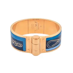 Hermes Wide Gold Plated Blue Enamel Clic Clac H Bangle Bracelet