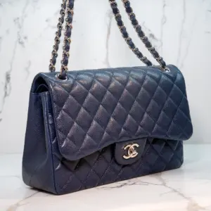 Chanel Navy Blue Caviar Quilted Double Flag Bag