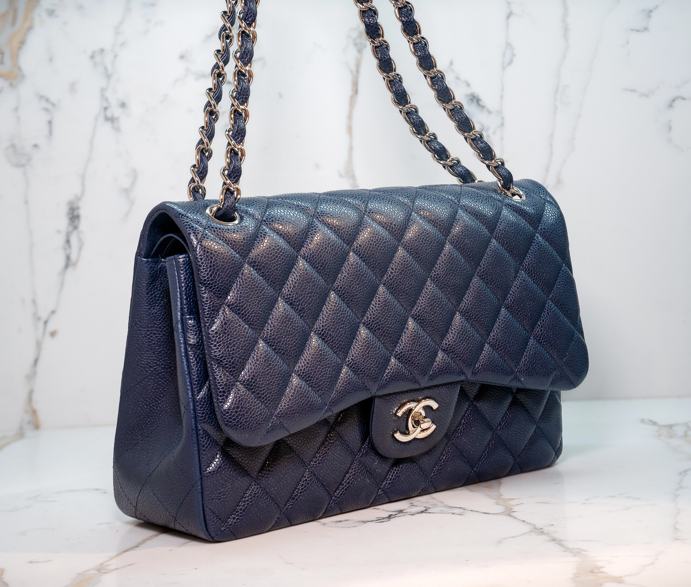 Chanel Navy Blue Caviar Quilted Double Flag Bag